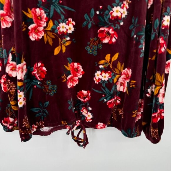 LOFT Floral Burgundy Velvet Long Sleeve Top Tie bottom womens long sleeve sz XL - Picture 3 of 8